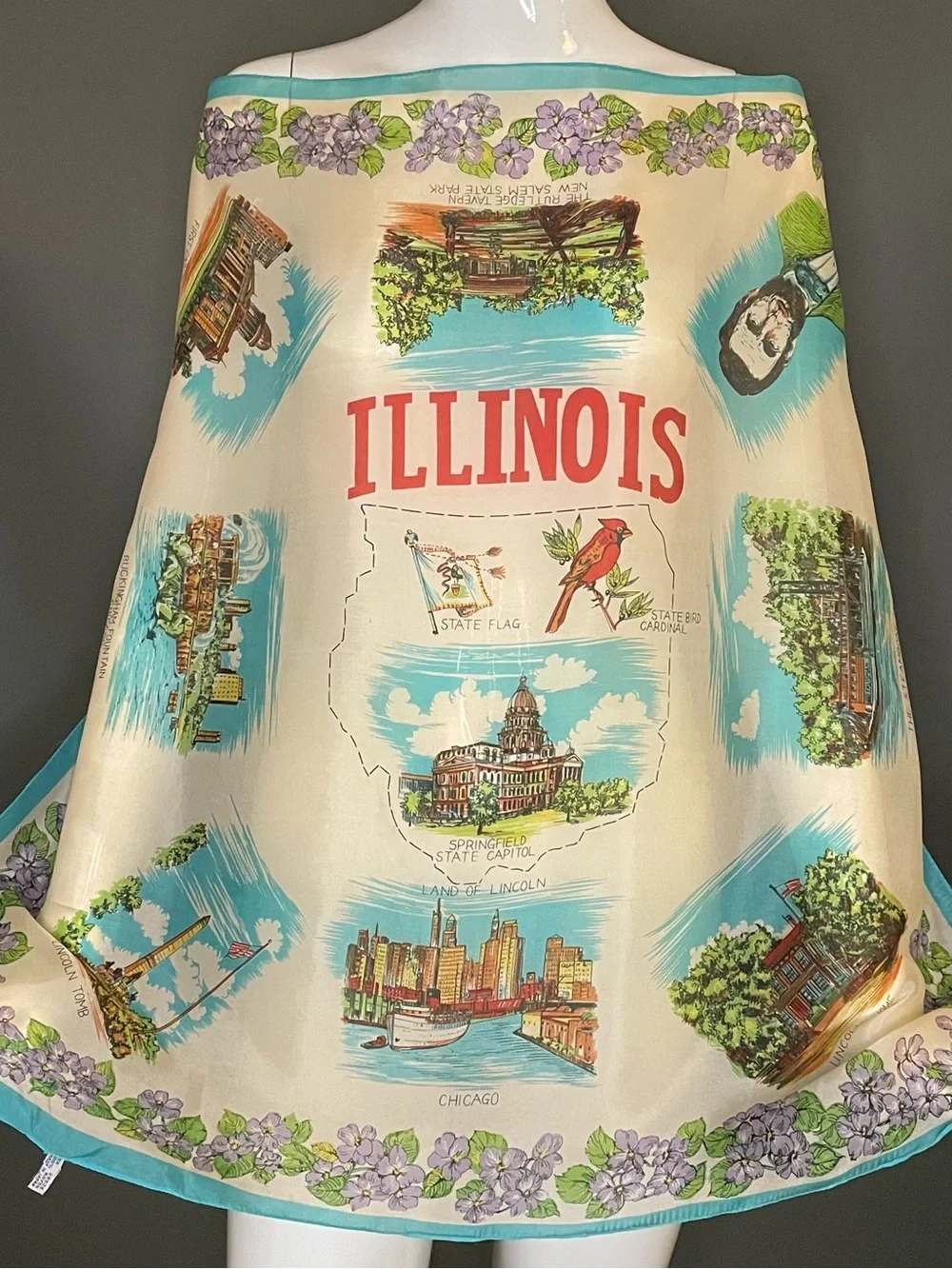 Rare Vintage 50s Souvenir Scarf Illinois Theme Abraham Lincoln 27 In Mint Cond
